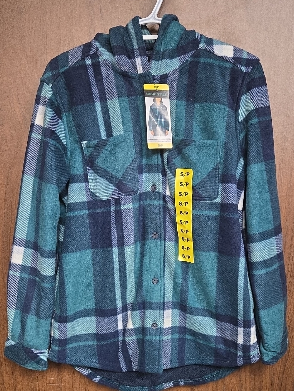 Realtree Size S Green and Navy Plaid Fleece Button Down Shacket